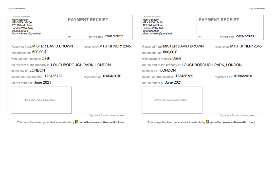 Automatically generated rent receipt in PDF